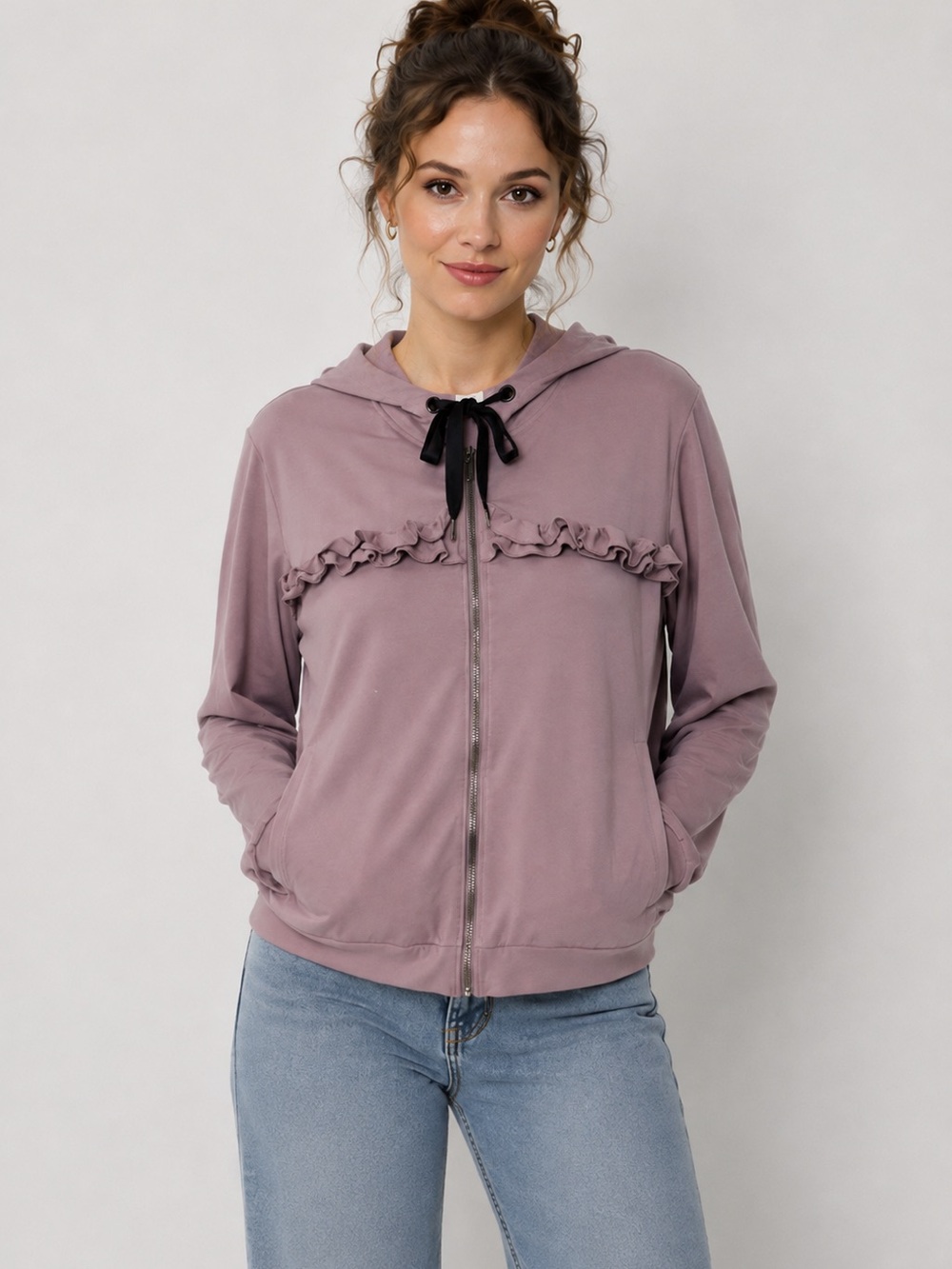 Livi Active Mauve Zip Hoodie with Ruffle Trim
